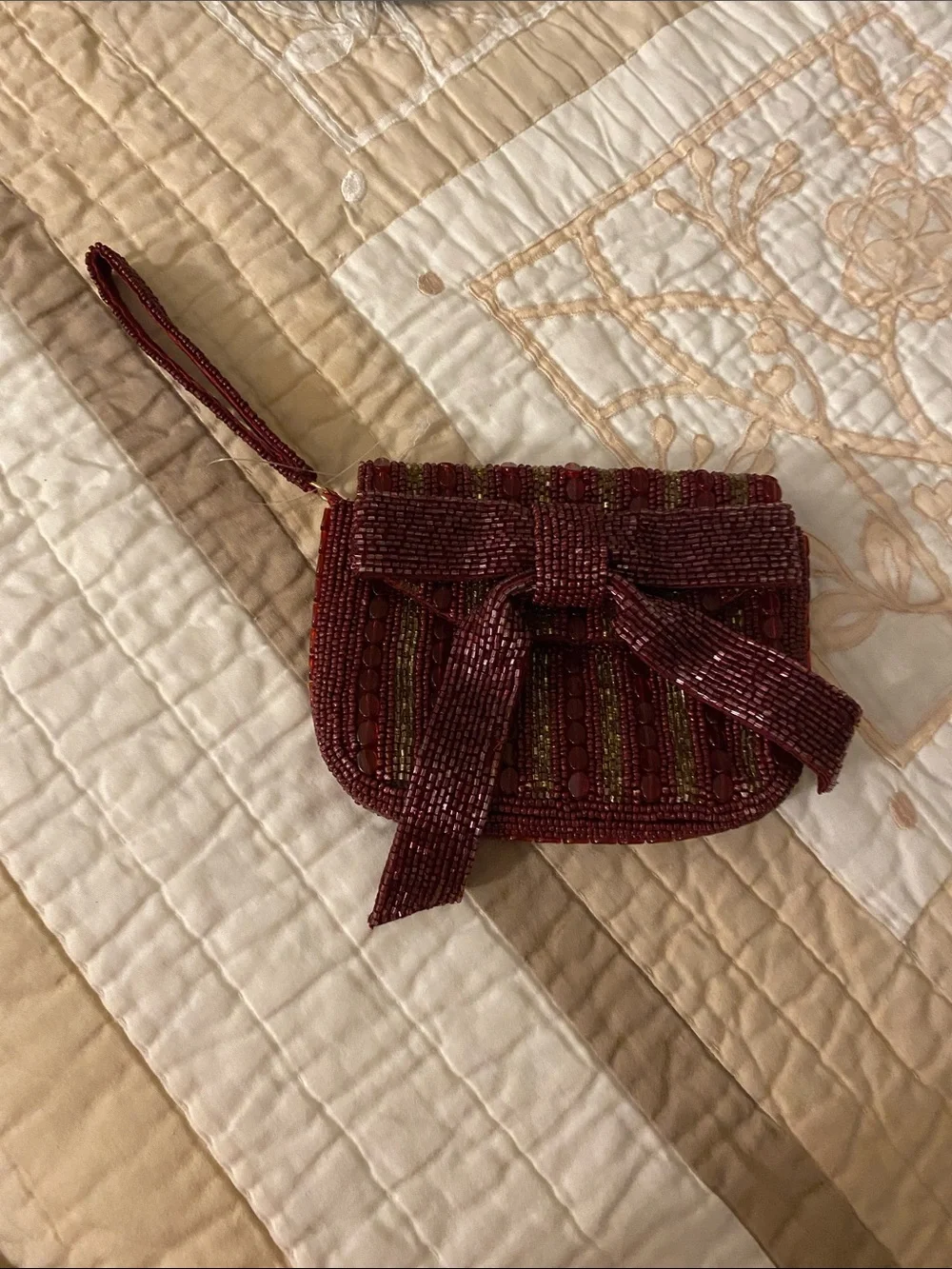 Vintage Burgundy Beaded Wristlet Clutch with Bow Accent